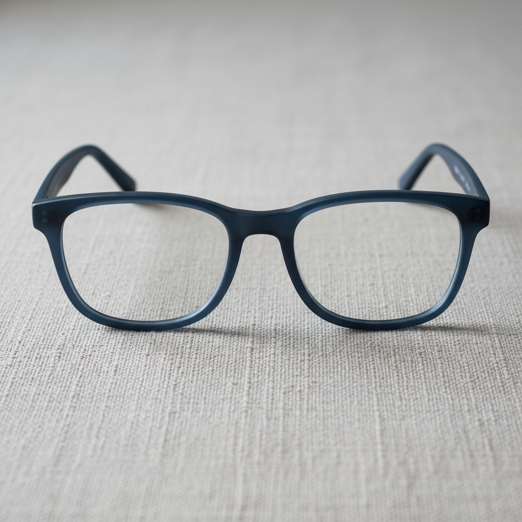 Slate blue-grey acetate frames on natural linen — the Howth style