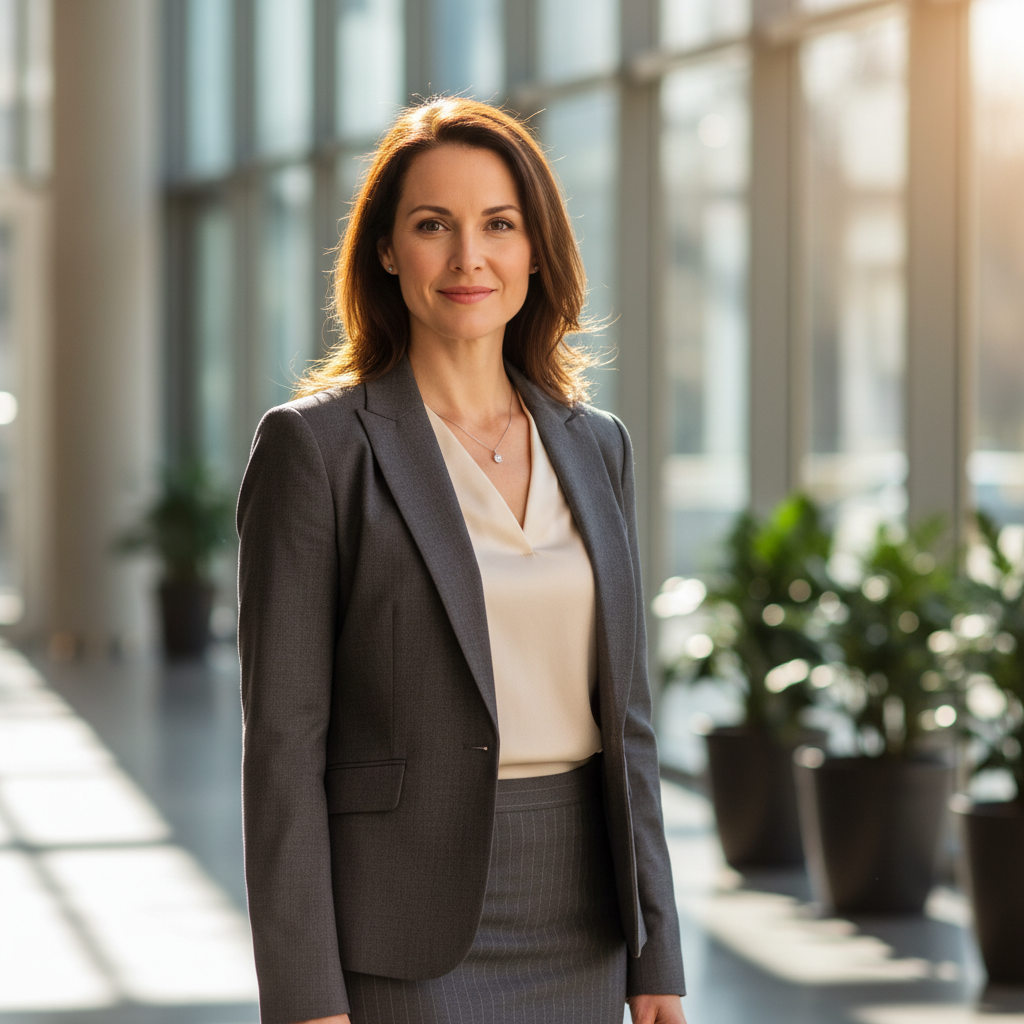 Professional woman with confident expression, bright corporate office background