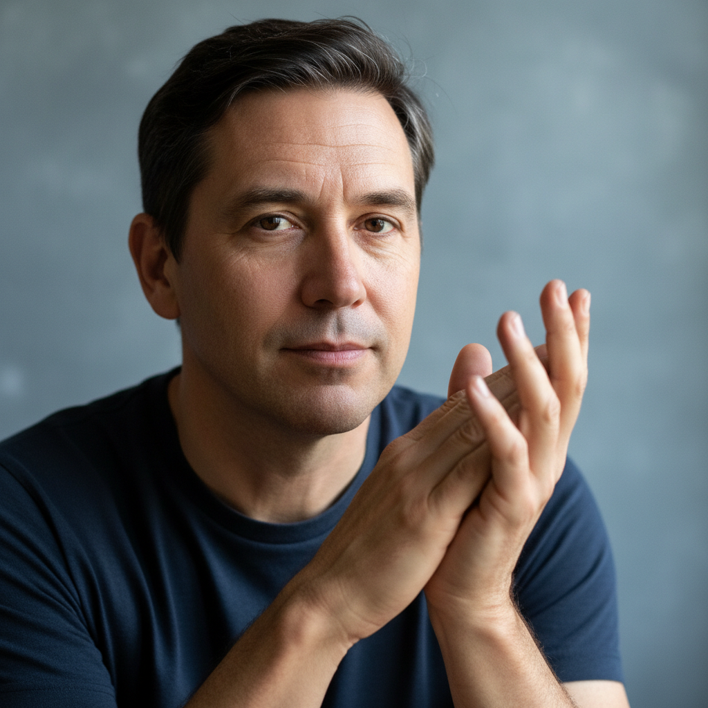 A group member with sharp, direct eyes and hands visible and unashamed, photographed in soft-focus black and white against a slate background