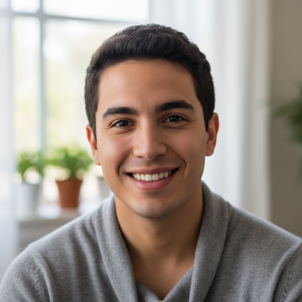 Headshot of young Hispanic man with short dark hair, casual smile