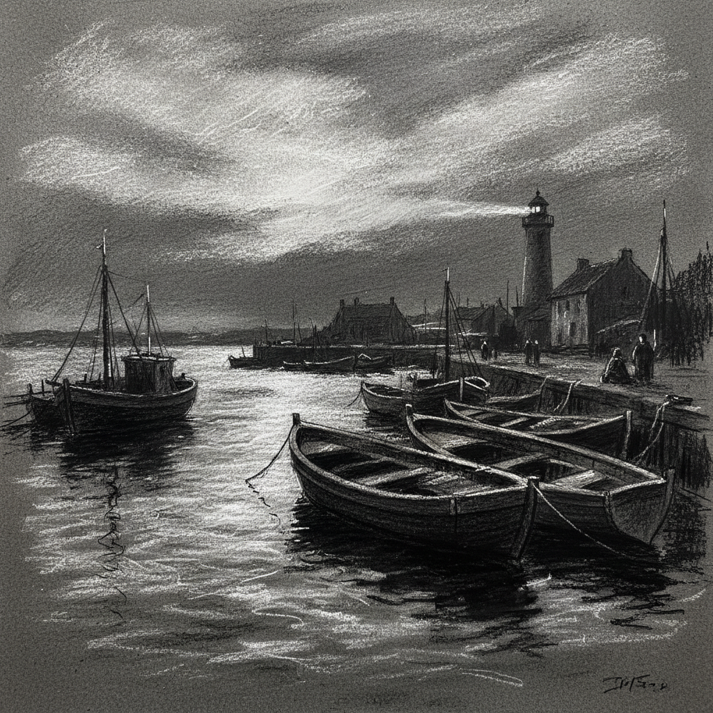 Charcoal and chalk harbour scene at dusk with moody atmospheric shadows on dark paper