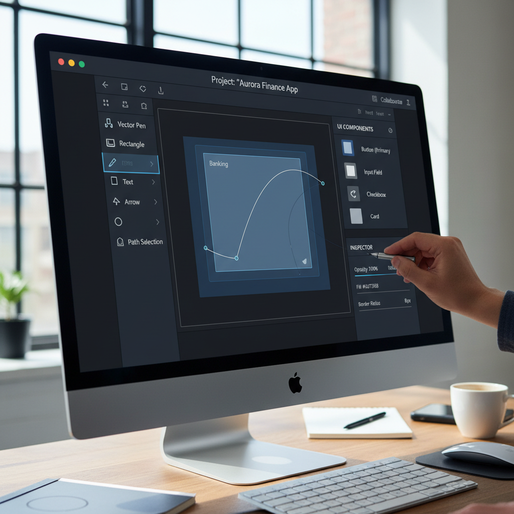 Design tool interface showing vector graphics and UI components
