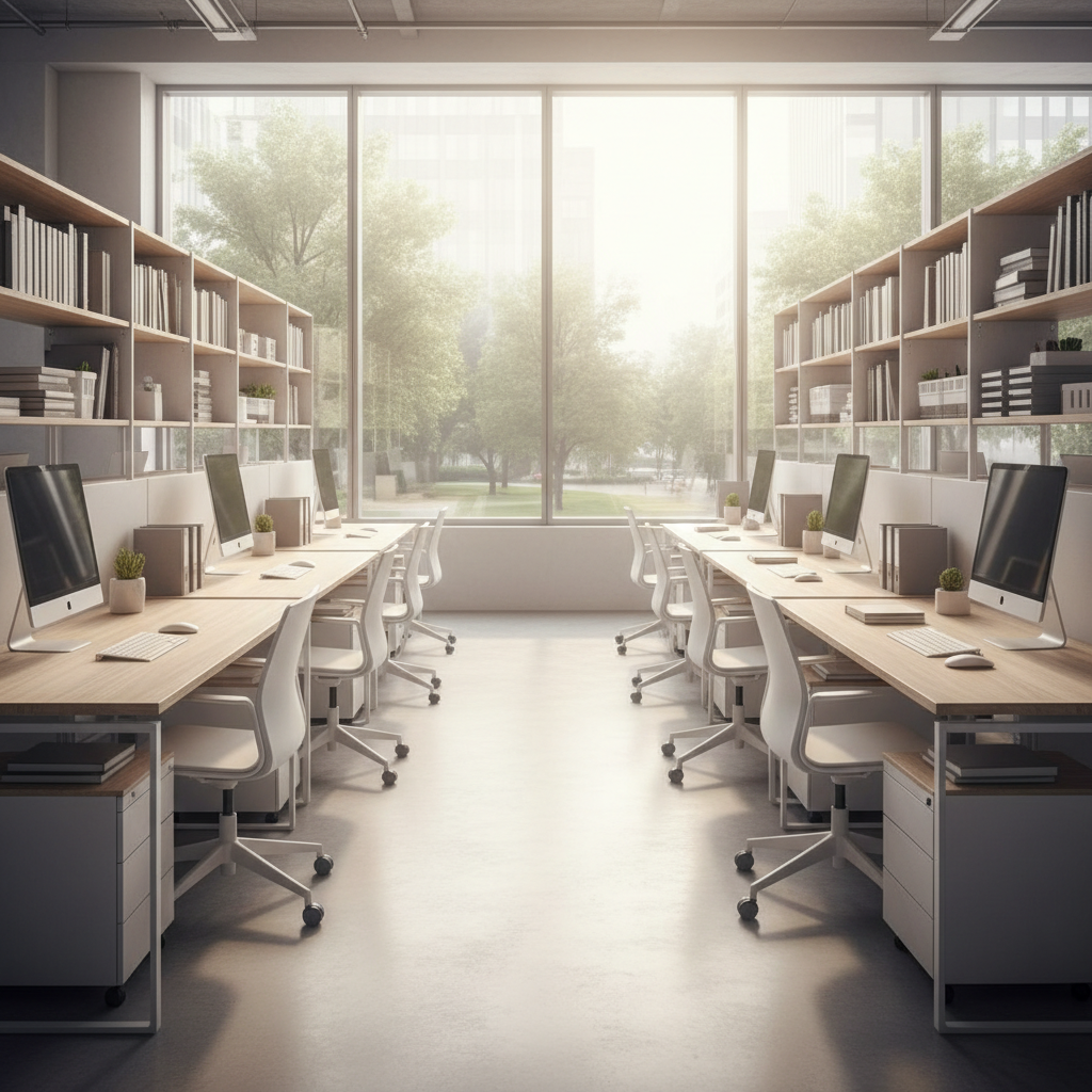 Clean modern San Francisco office space with organized workstations and large windows, bright natural light, professional minimal interior, calm business environment