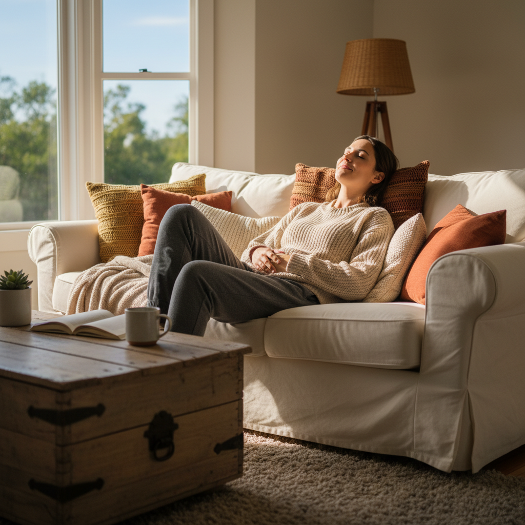 Person in comfortable home setting, relaxed and at ease