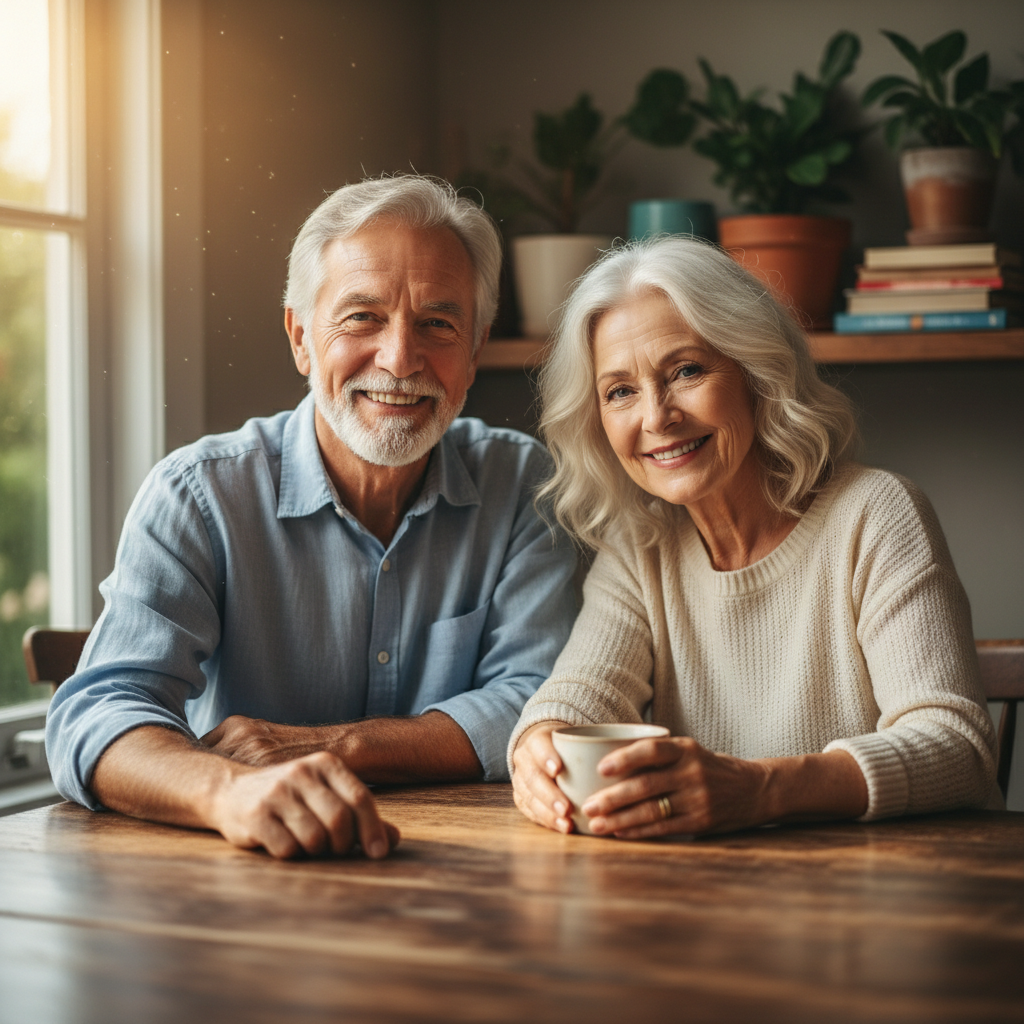 Older couple seated at a table, relaxed and smiling, natural light through a window