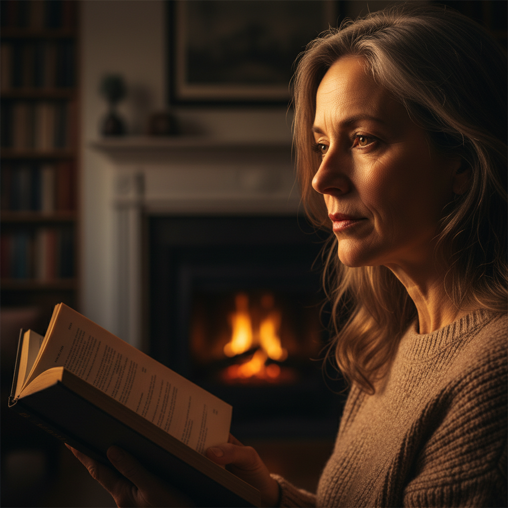 Author in three-quarter profile with deep shadows and warm amber highlights on face