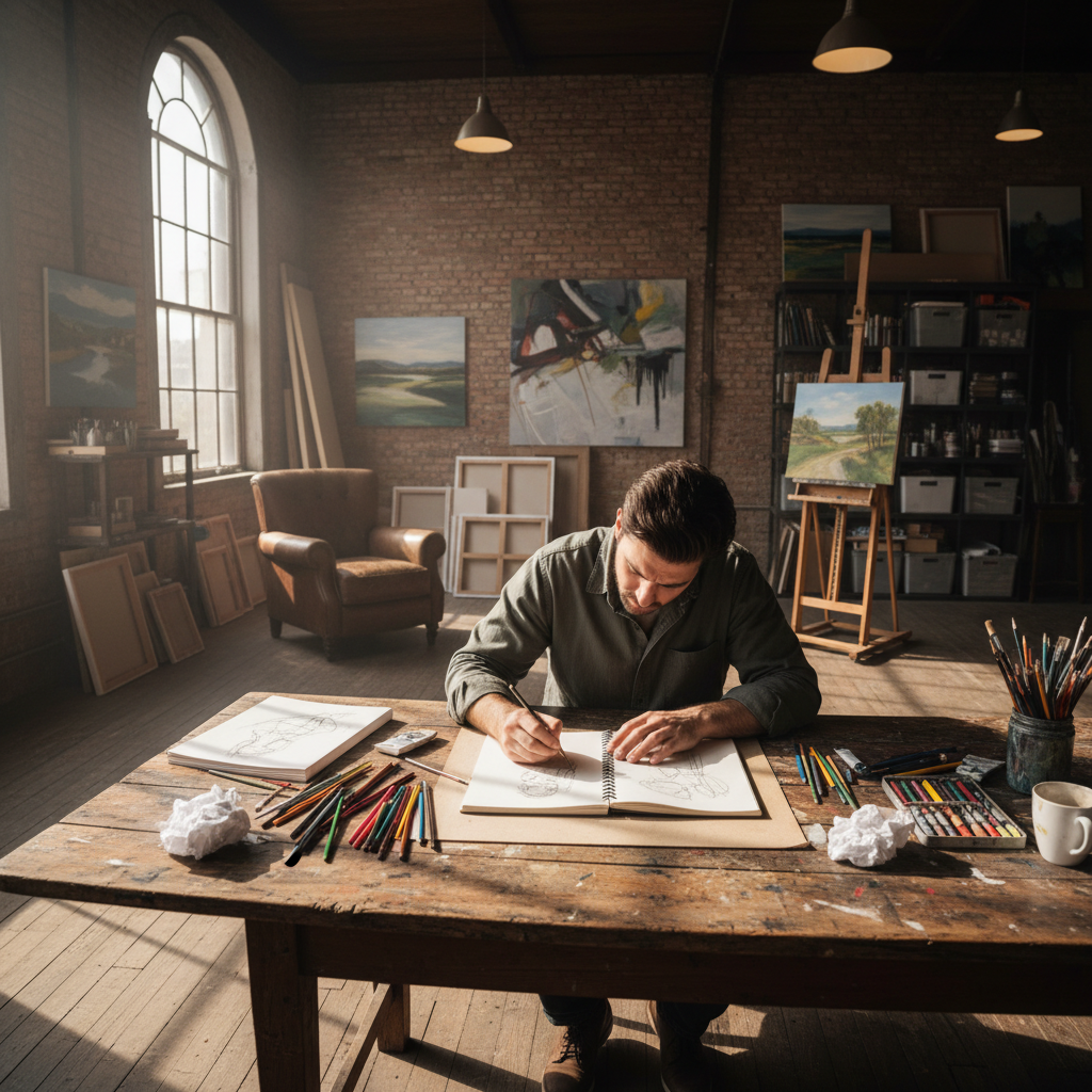 Artist sketching on a bright white table in an airy well-lit studio with natural window light