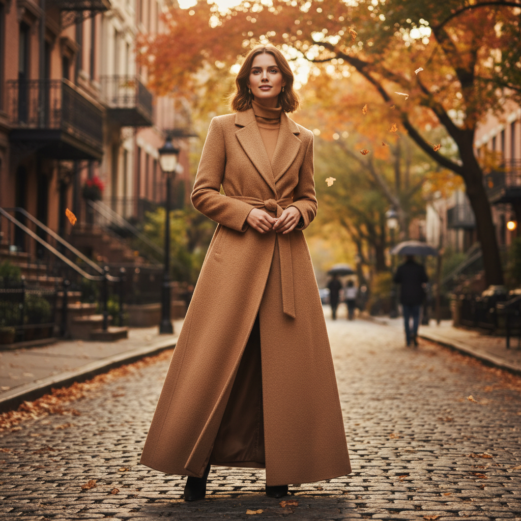 Oversized cashmere coat in camel, model outdoors in bright urban setting, natural daylight