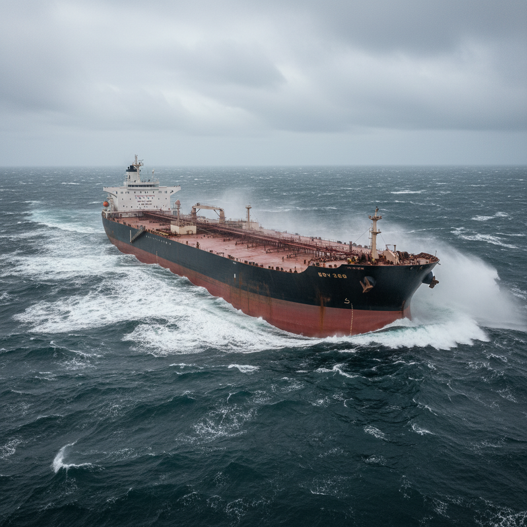 CS Bering VLCC crude tanker navigating rough Bering Sea, waves breaking against hull