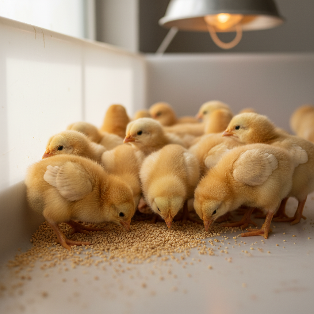 Fluffy yellow day-old chicks on clean bedding under warm brooding light