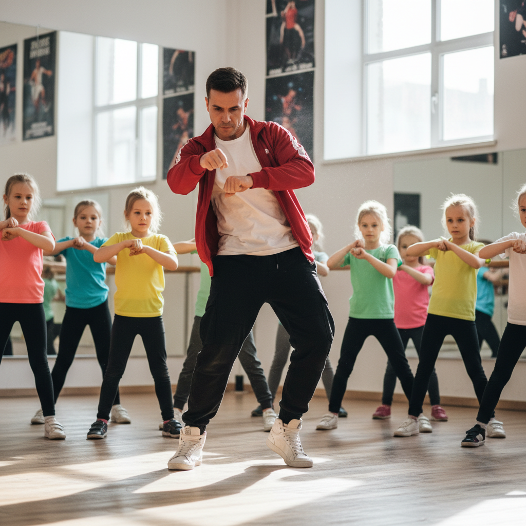 Instructor breaking down a pop-lock drill in slow motion, kids watching intently with arms mirroring the move