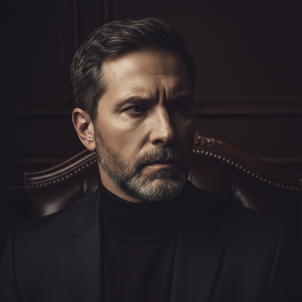 Cinematic portrait photography, dramatic low-key studio lighting, deep shadows, dark atmospheric backdrop