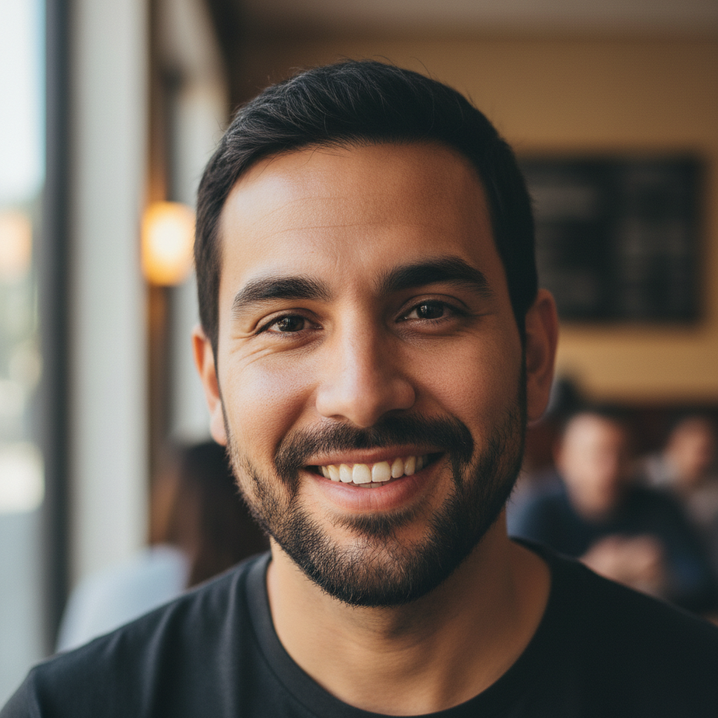 Latino man with short beard and confident expression in casual shirt against light background