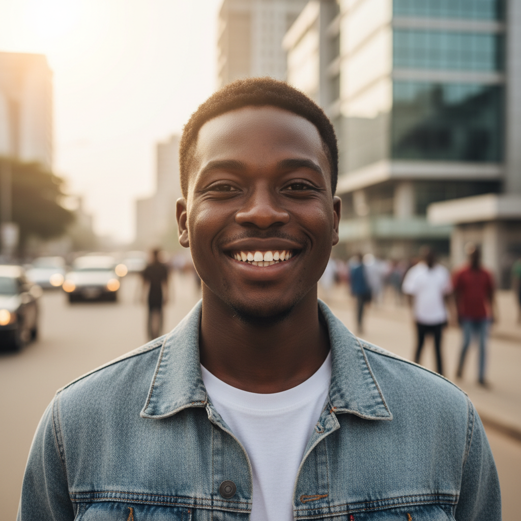 Young Nigerian man smiling in casual clothing outdoors in bright daylight