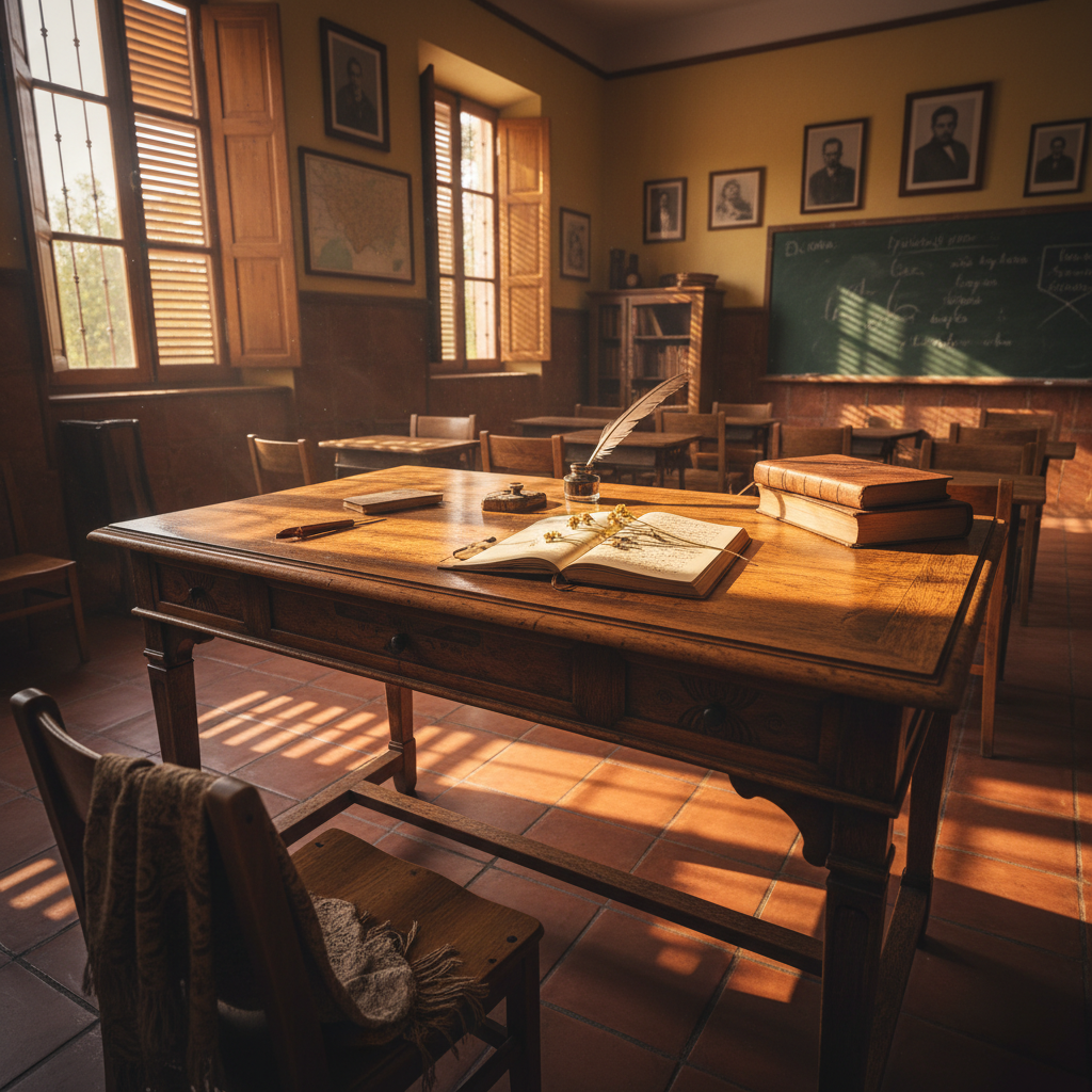 Open notebook with Spanish vocabulary notes on a warm wooden desk, soft natural daylight