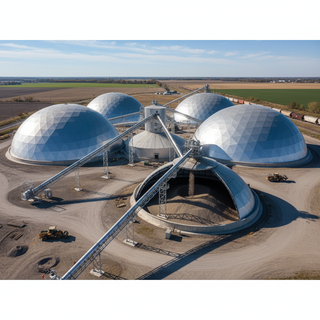 Covered dome storage facility for grain and fertilizer at bulk terminal with enclosed conveyor systems and radial stacker equipment