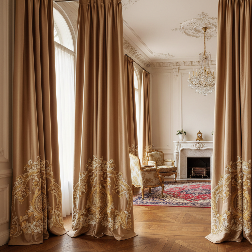 Luxury silk curtains in deep champagne tones with elegant pleating and embroidered borders in a European-style interior
