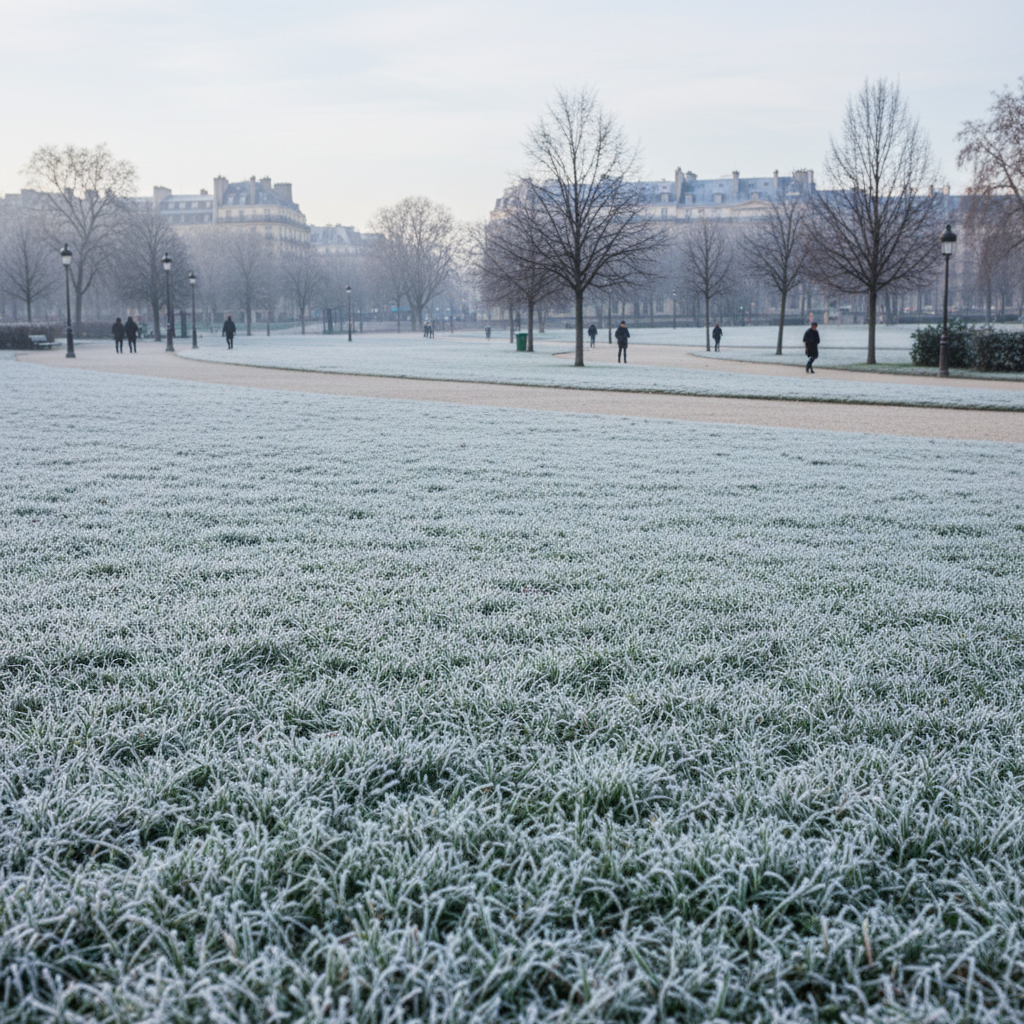 Pelouse parisienne en hiver avec légère gelée blanche sur les brins d'herbe courts
