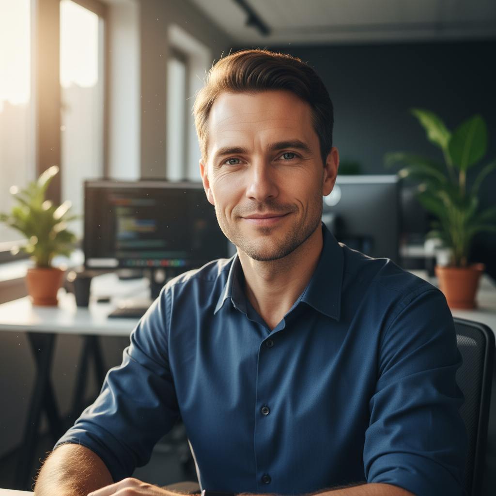Professional headshot of a male engineer with focused expression in modern tech workspace