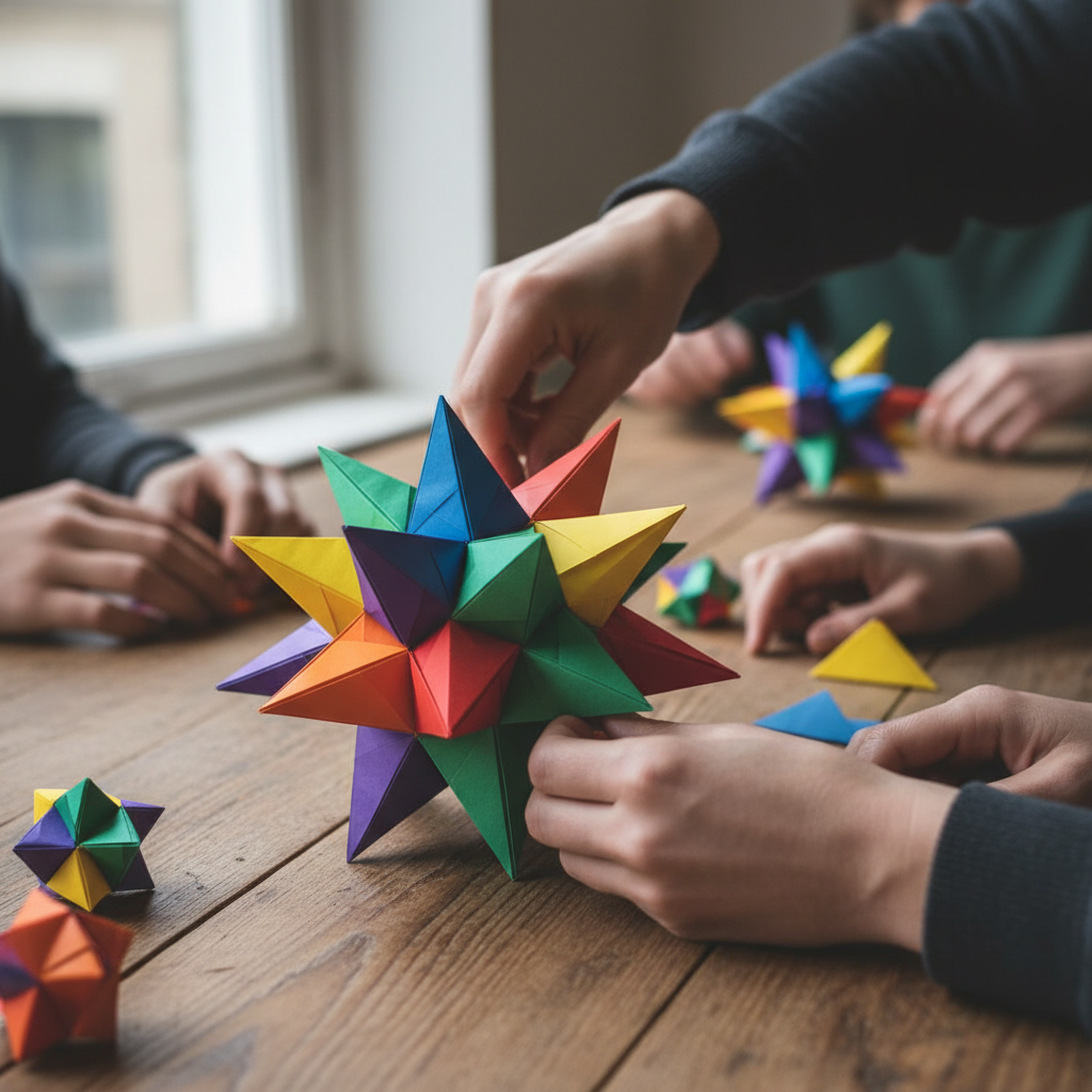 Colorful modular origami star assembled by community member on wooden table