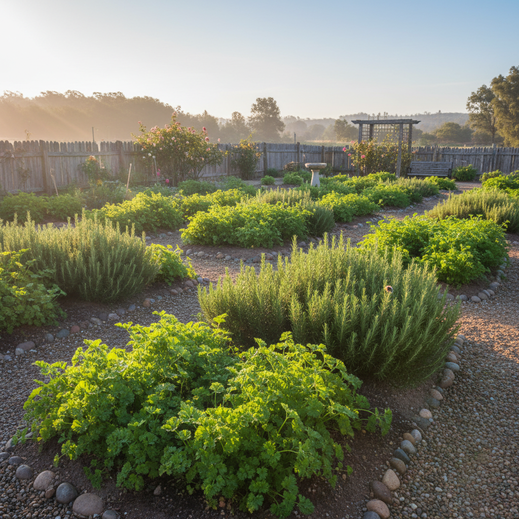 Lush organic herb garden in Sonoma Valley California, rows of parsley and rosemary in morning sunlight