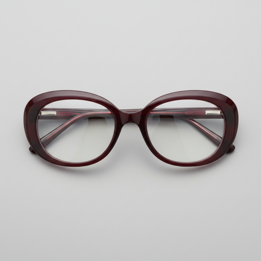 Large oval acetate frames in burgundy color photographed from above