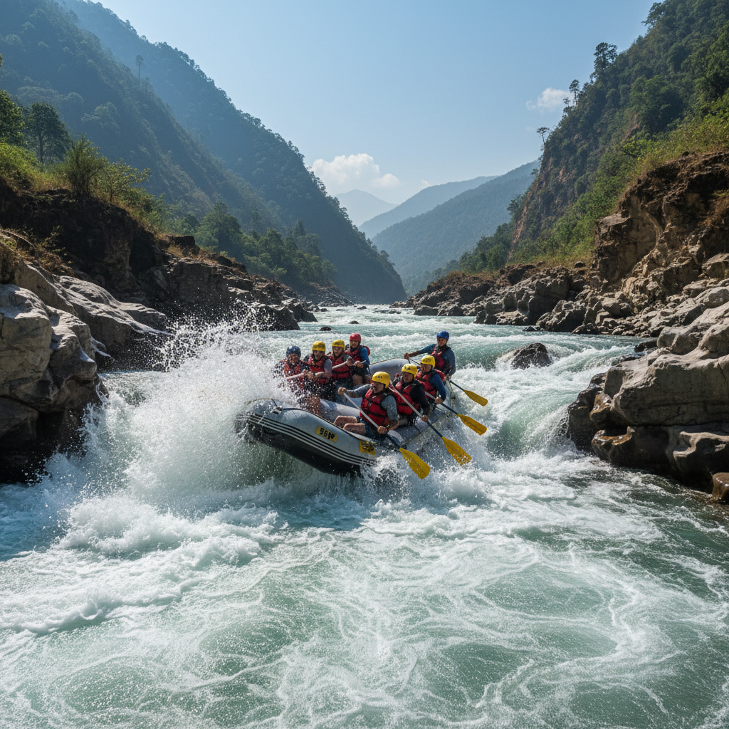Mountain river rushing through rocky gorge, natural hydropower energy resource, Nepal landscape