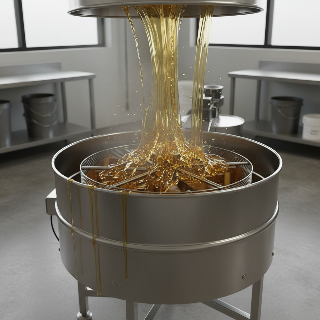 Stainless steel radial honey extractor in motion, honey spinning golden along the drum walls in a harvest room
