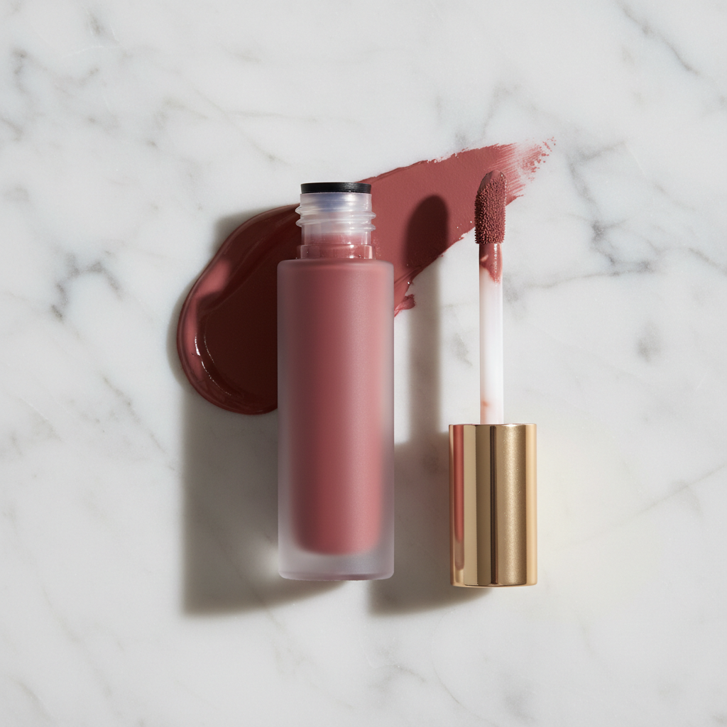 Ajan Velvet Lip Elixir in deep amber shade on a cream background