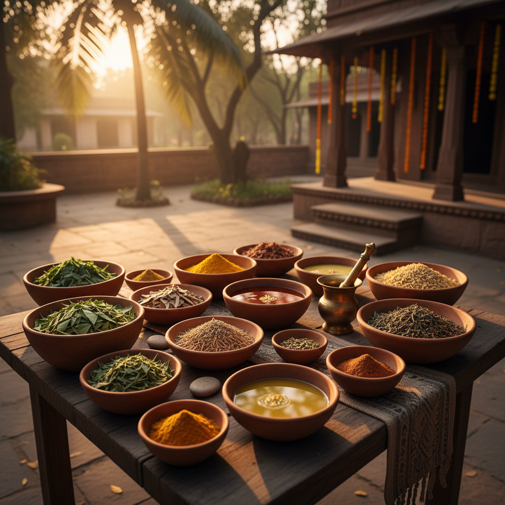 Ayurvedic healing therapy room with warm oil lamps, herbs, and calm green ambience