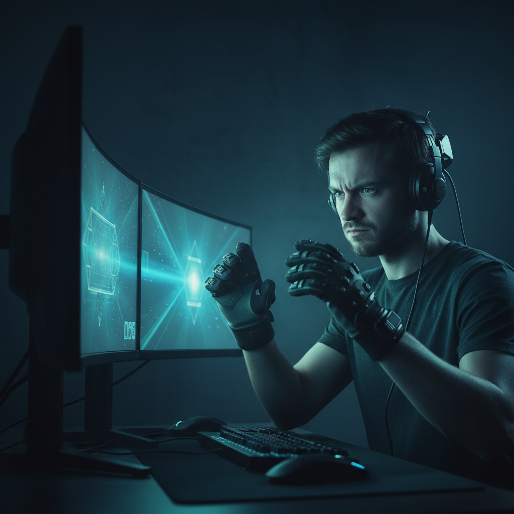 Solo player in deep concentration, hands raised navigating a virtual space