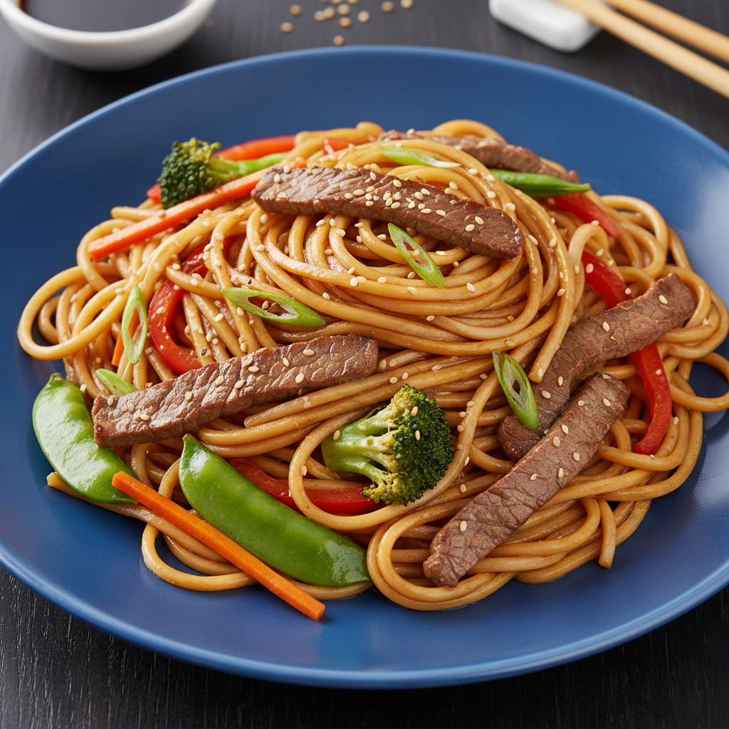 Чоу Мейн с говядиной — authentic Chinese dish, professionally plated, dark moody background, commercial food photography