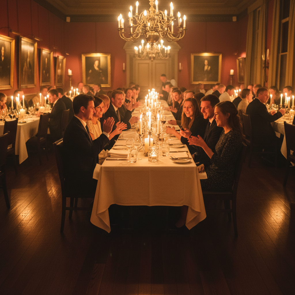 Full restaurant view during evening service, all tables occupied, warm light from chandeliers, guests dining and laughing, lively but intimate