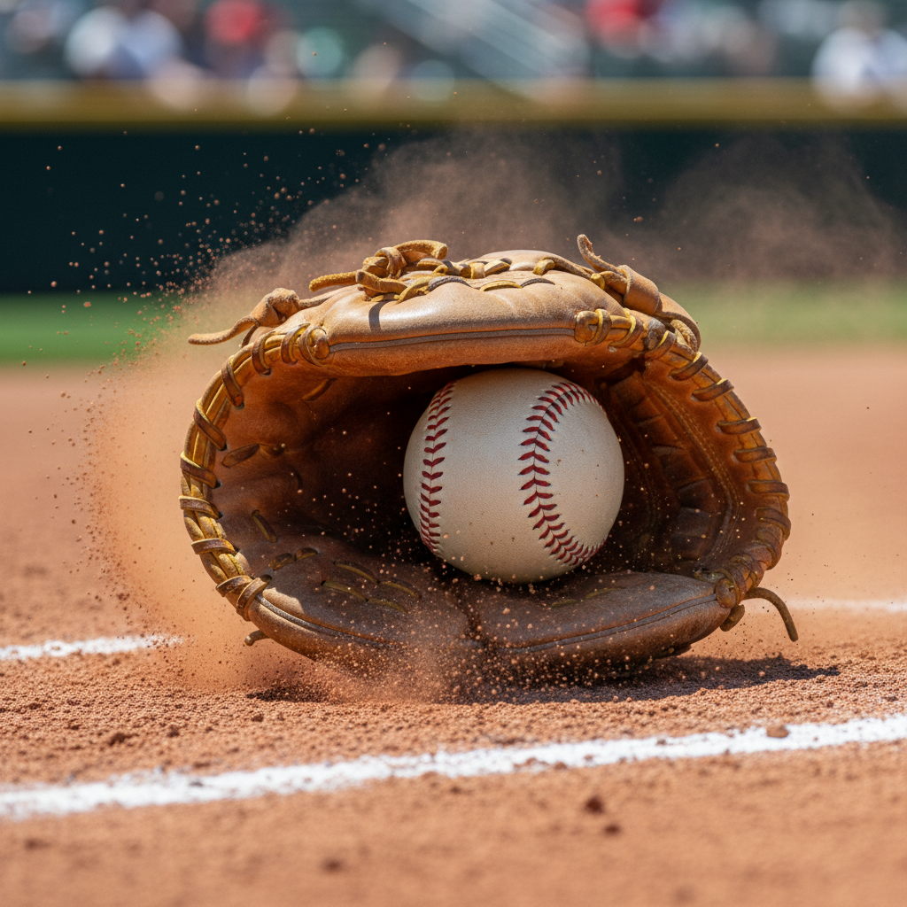 Close-up of softball catcher's mitt with ball after receiving a relay throw at home plate
