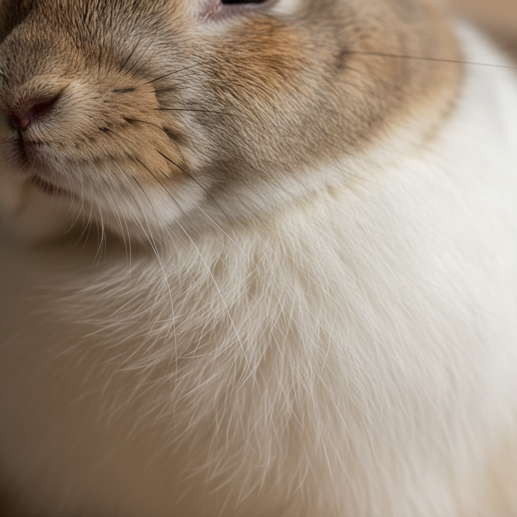 Macro detail of a dewlap fold on a large rabbit showing the extraordinary softness and fine fur detail that only studio macro lighting can reveal