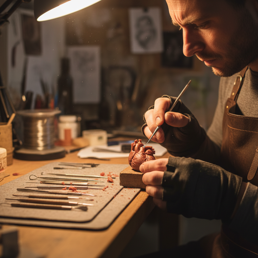 Artist carving wax model with fine tools under warm studio light