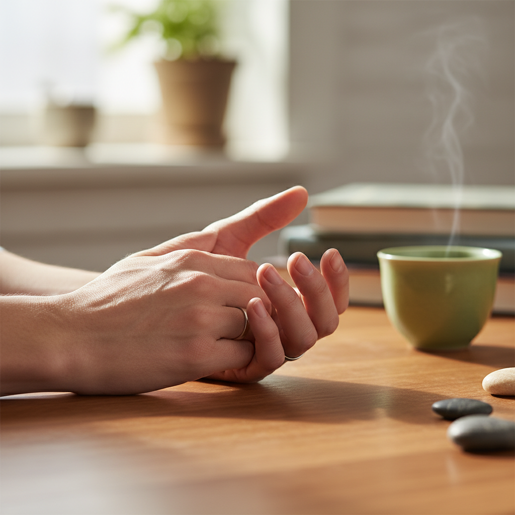 Close up of relaxed hands on a desk with soft natural light