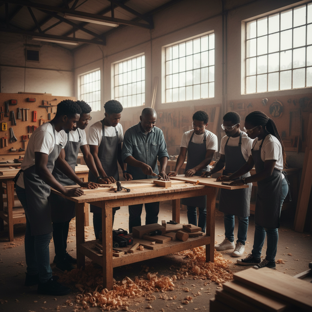 African adults in a workshop setting, focused on skills training, warm indoor lighting, collaborative atmosphere