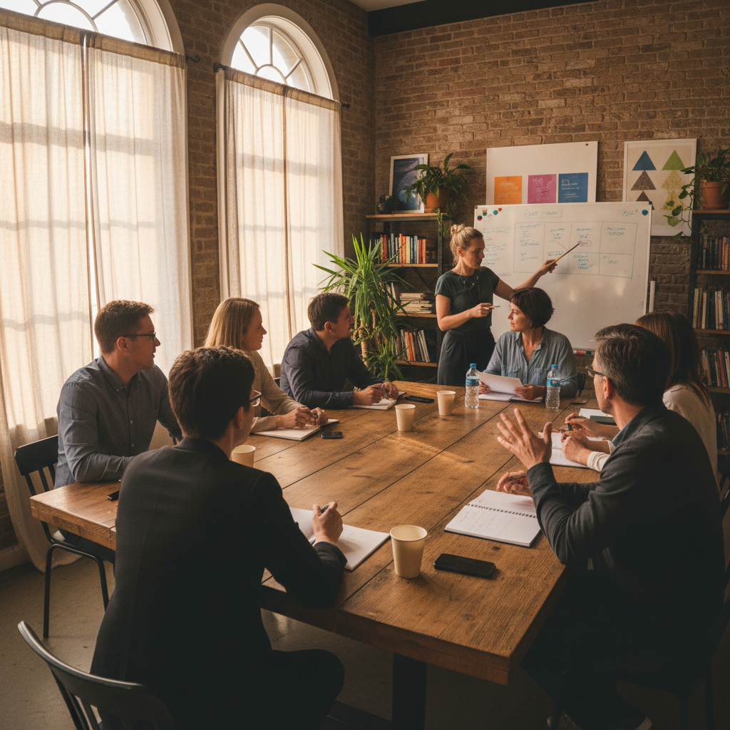 Two adults in a warm, collaborative discussion in a bright, comfortable room — open, trusting, and supportive atmosphere