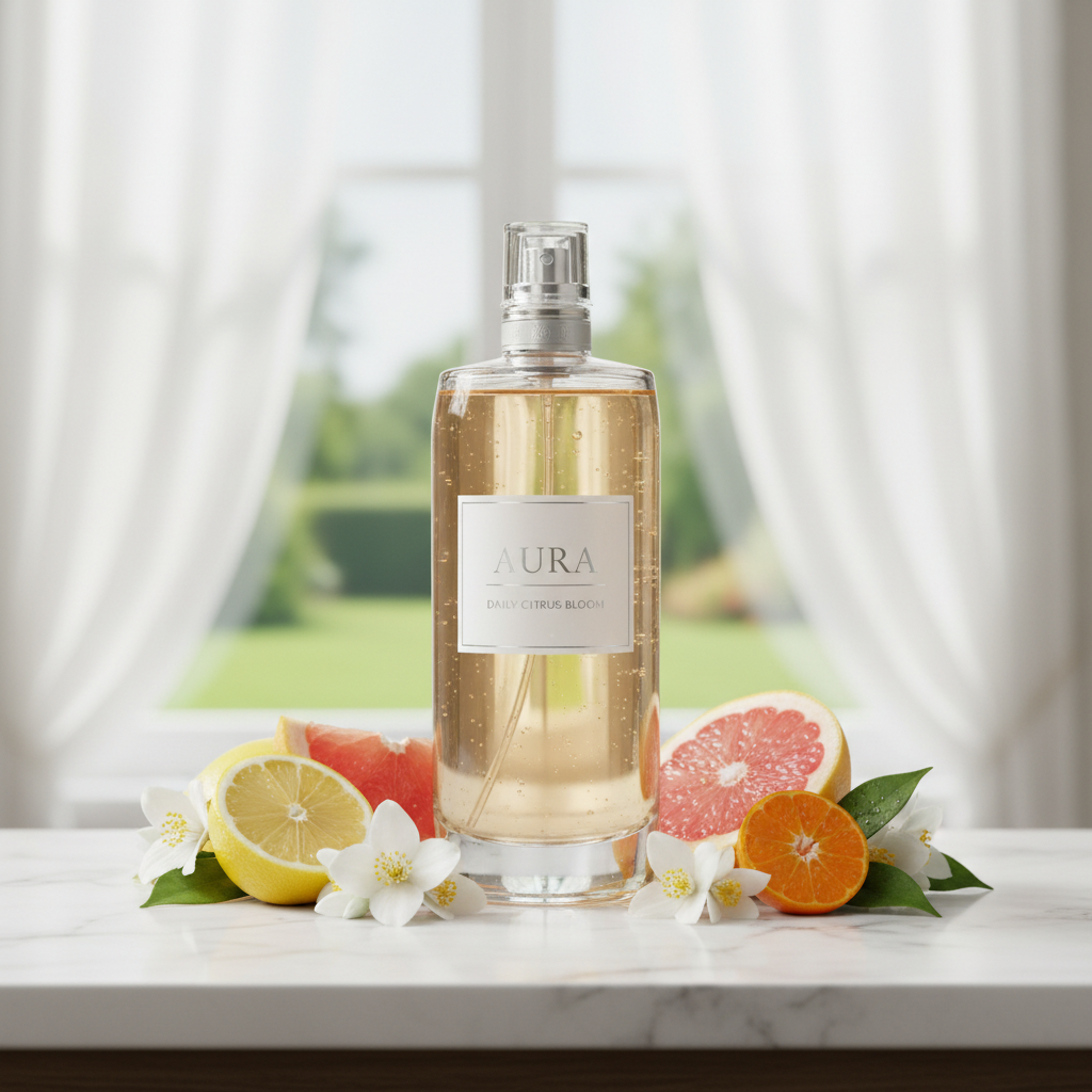 Gender-neutral perfume bottle in minimalist white setting with clean neutral tones