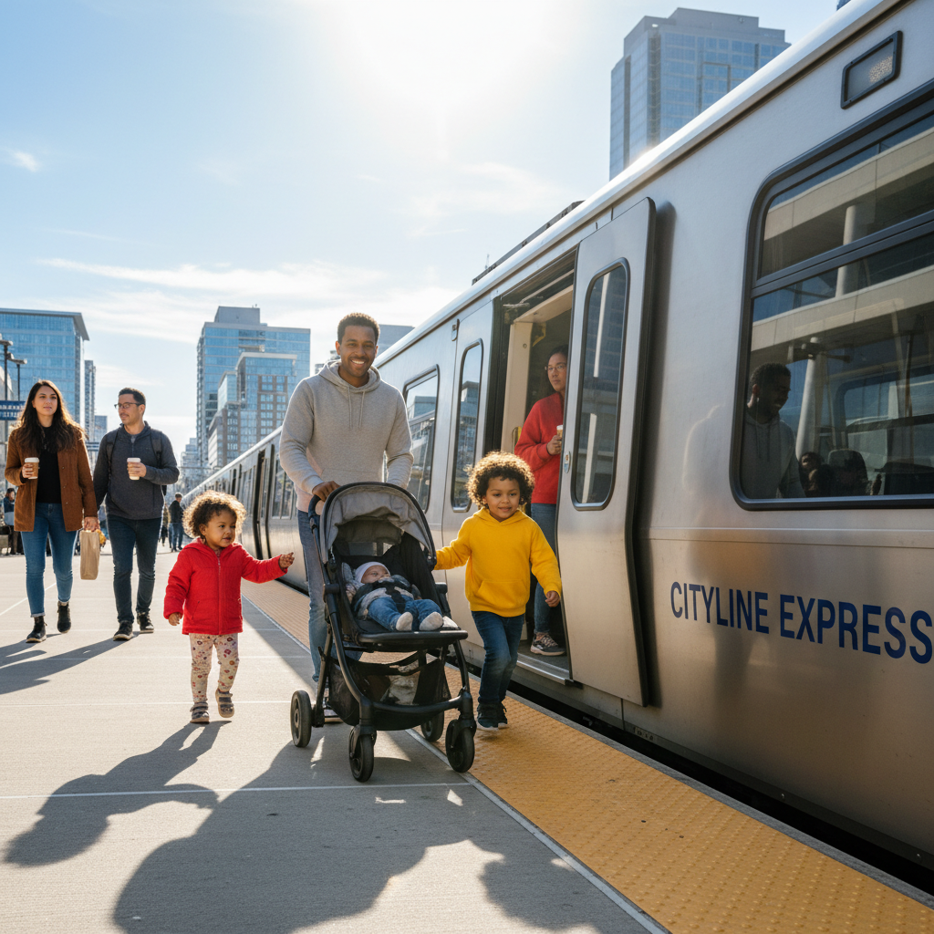 Family boarding a modern commuter train with stroller on a sunny platform