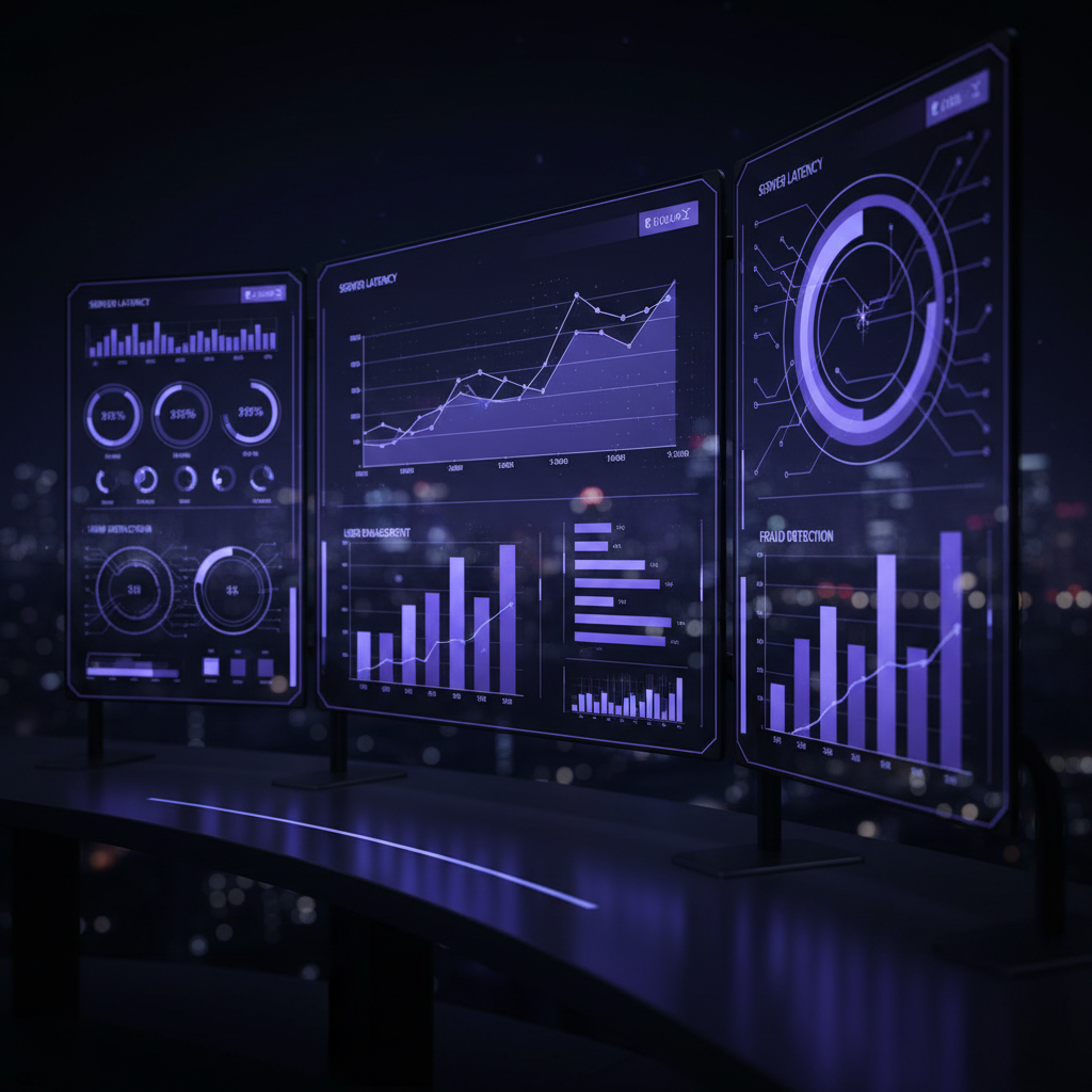 Dark analytics dashboard showing pipeline health scores and deal risk indicators on glowing screens