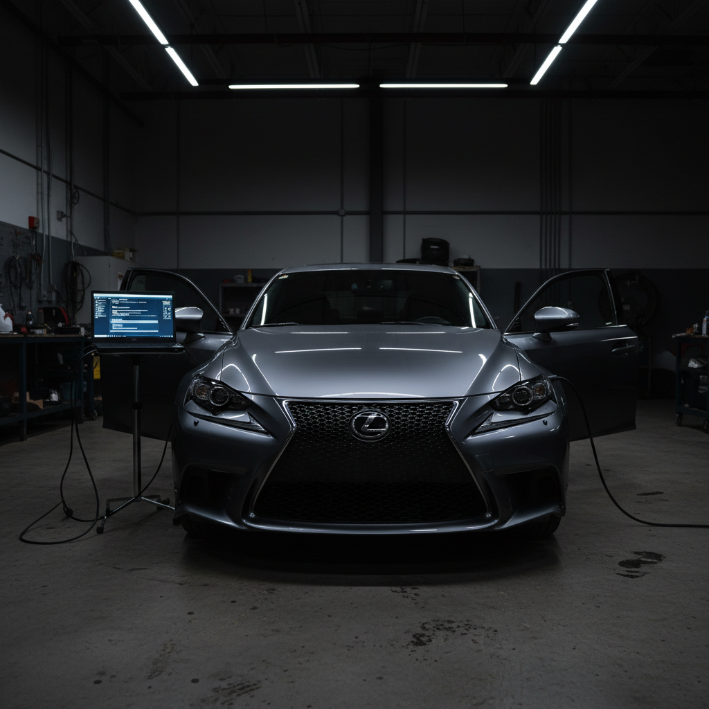 Lexus IS 350 F Sport in dark service bay with diagnostic laptop connected