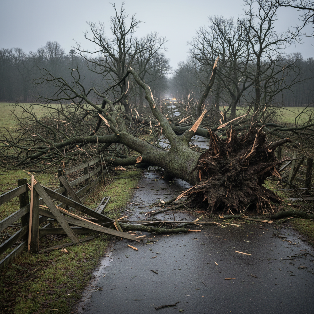 Storm damage with multiple fallen trees blocking road and crushing fence after hurricane