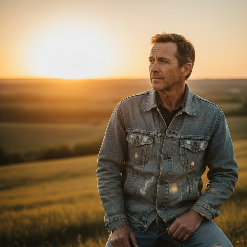 Actor as Tommy Crane — casual worn denim, sun-bleached, looking off into the horizon at golden hour