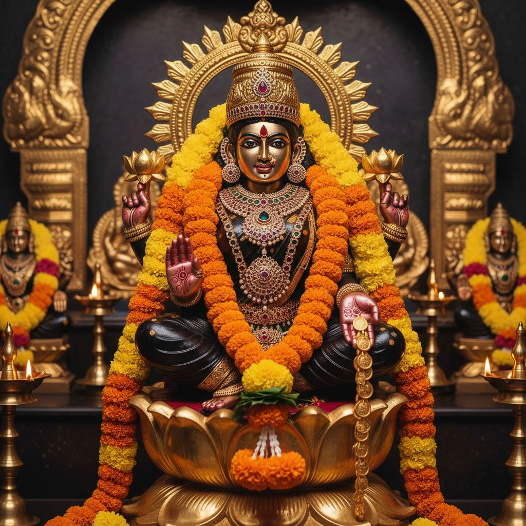 Goddess Lakshmi idol decorated with gold ornaments, lotus flowers, and lit diyas for puja