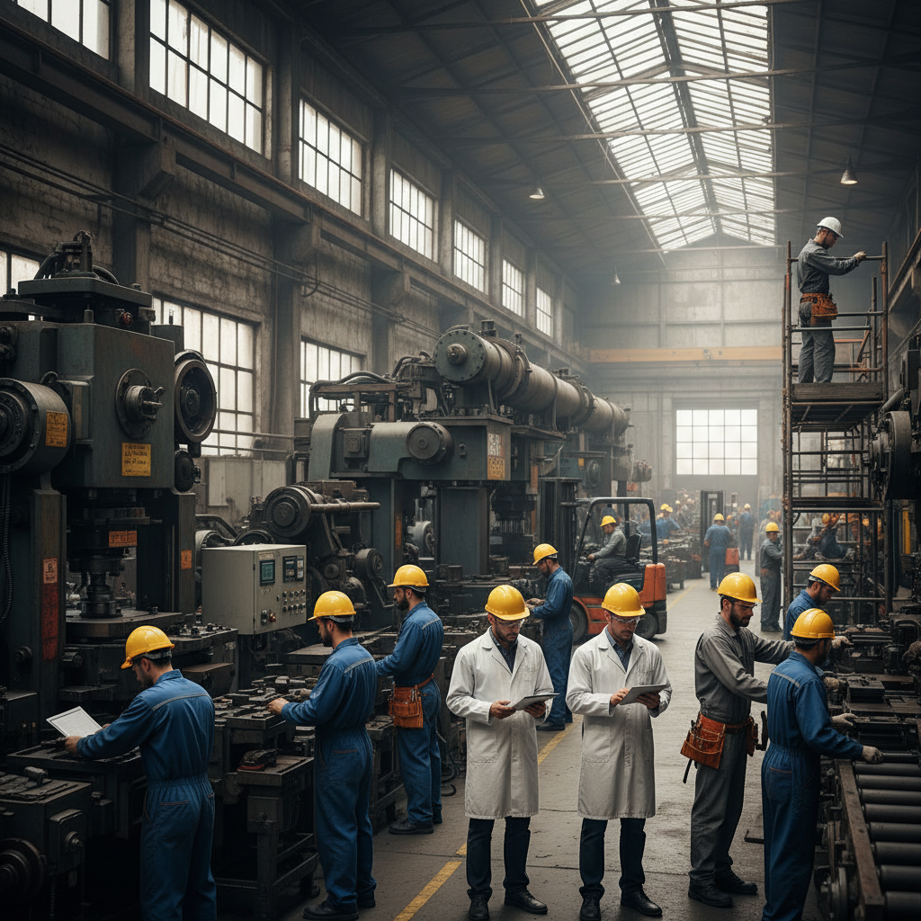 Diverse workforce including factory workers, engineers, and skilled professionals working together in an industrial setting