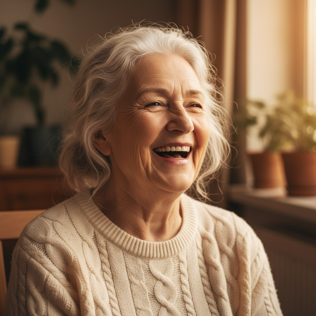 Candid portrait of grandmother laughing mid-story at family iftar gathering