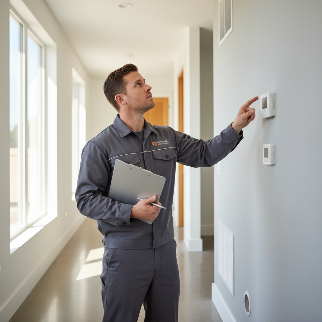 Technician with clipboard walking through a home interior examining HVAC vents and thermostat locations