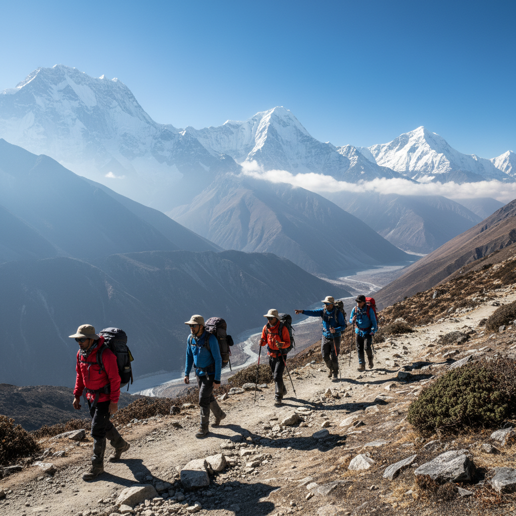 Himalayan mountain trail in Nepal with snow-capped peaks in background, prayer flags, dramatic altitude landscape